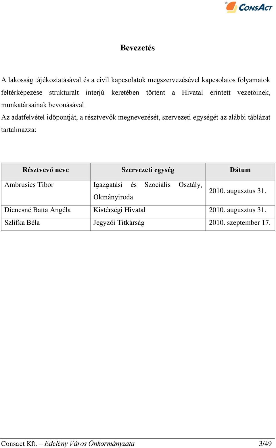 Az adatfelvétel időpontját, a résztvevők megnevezését, szervezeti egységét az alábbi táblázat tartalmazza: Résztvevő neve Szervezeti egység Dátum