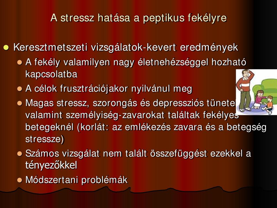 depressziós tüneteket, valamint személyiség-zavarokat találtak fekélyes betegeknél (korlát: az emlékezés