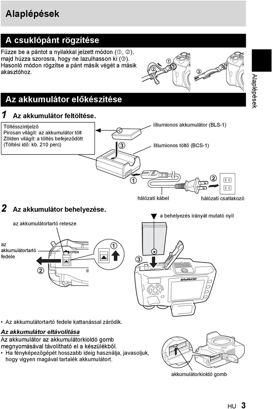 210 perc) 3 1 2 3 lítiumionos akkumulátor (BLS-1) lítiumionos töltő (BCS-1) Alaplépések 1 2 2 Az akkumulátor behelyezése.