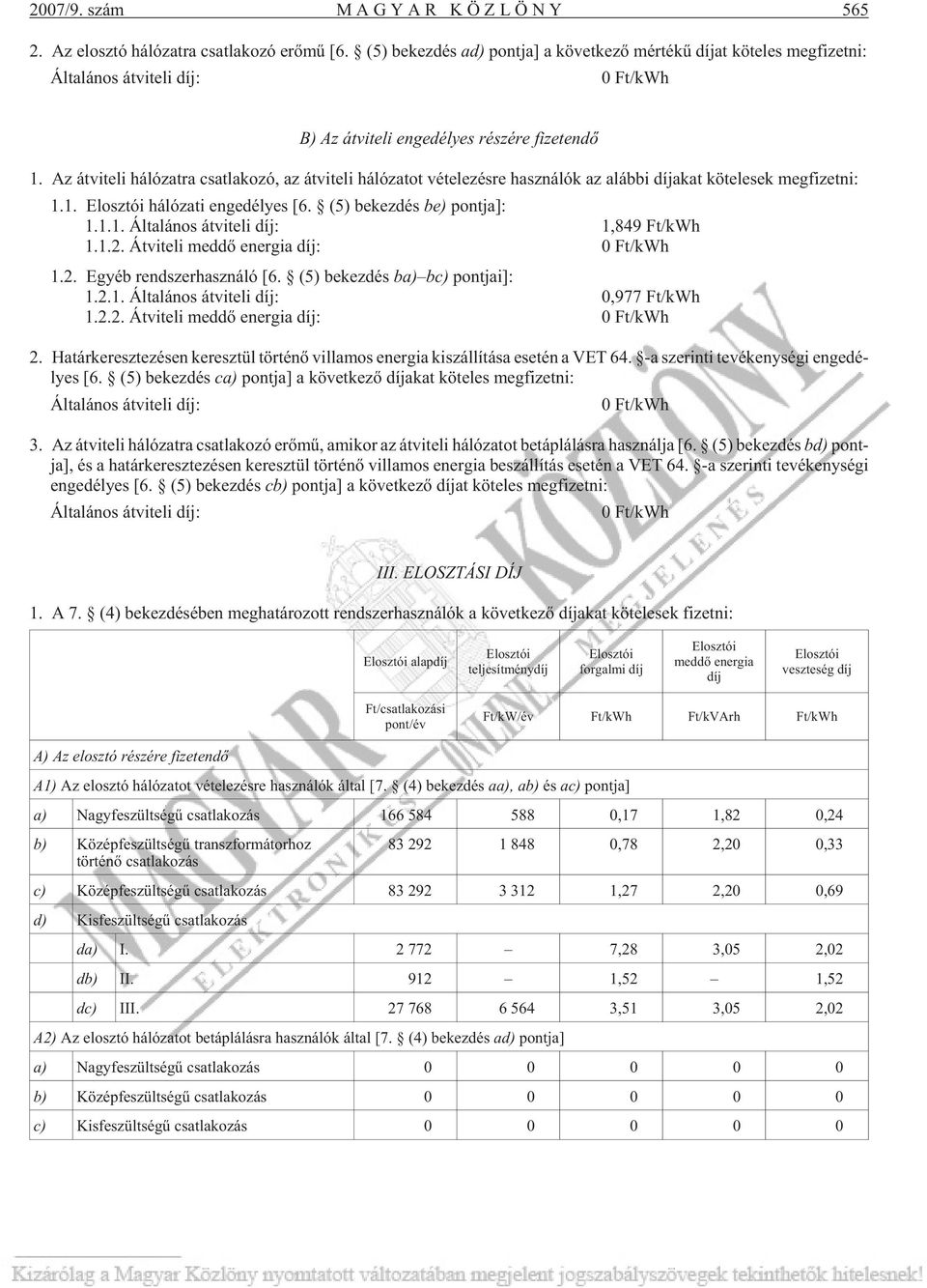 Az át vi te li há ló zat ra csat la ko zó, az át vi te li há ló za tot vé te le zés re hasz ná lók az aláb bi dí ja kat kö te le sek meg fi zet ni: 1.1. Elosz tói há ló za ti en ge dé lyes [6.