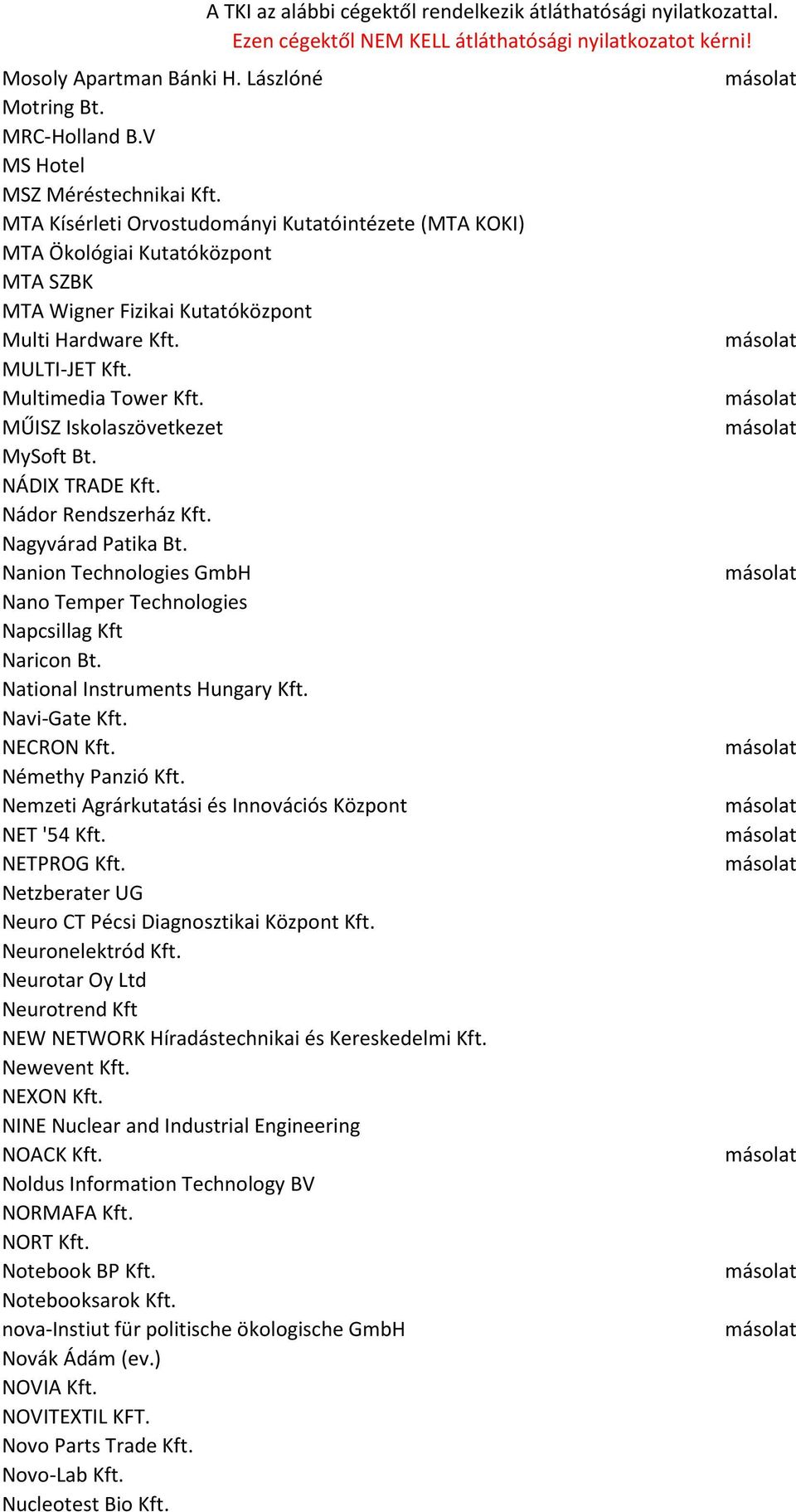 MŰISZ Iskolaszövetkezet MySoft Bt. NÁDIX TRADE Kft. Nádor Rendszerház Kft. Nagyvárad Patika Bt. Nanion Technologies GmbH Nano Temper Technologies Napcsillag Kft Naricon Bt.