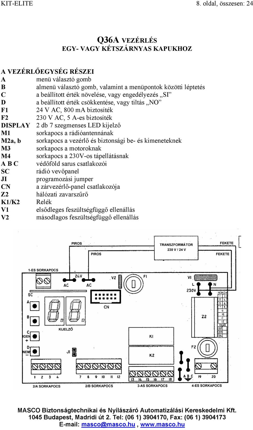 érték növelése, vagy engedélyezés SI D a beállított érték csökkentése, vagy tiltás NO F1 24 V AC, 800 ma biztosíték F2 230 V AC, 5 A-es biztosíték DISPLAY 2 db 7 szegmenses LED kijelző M1