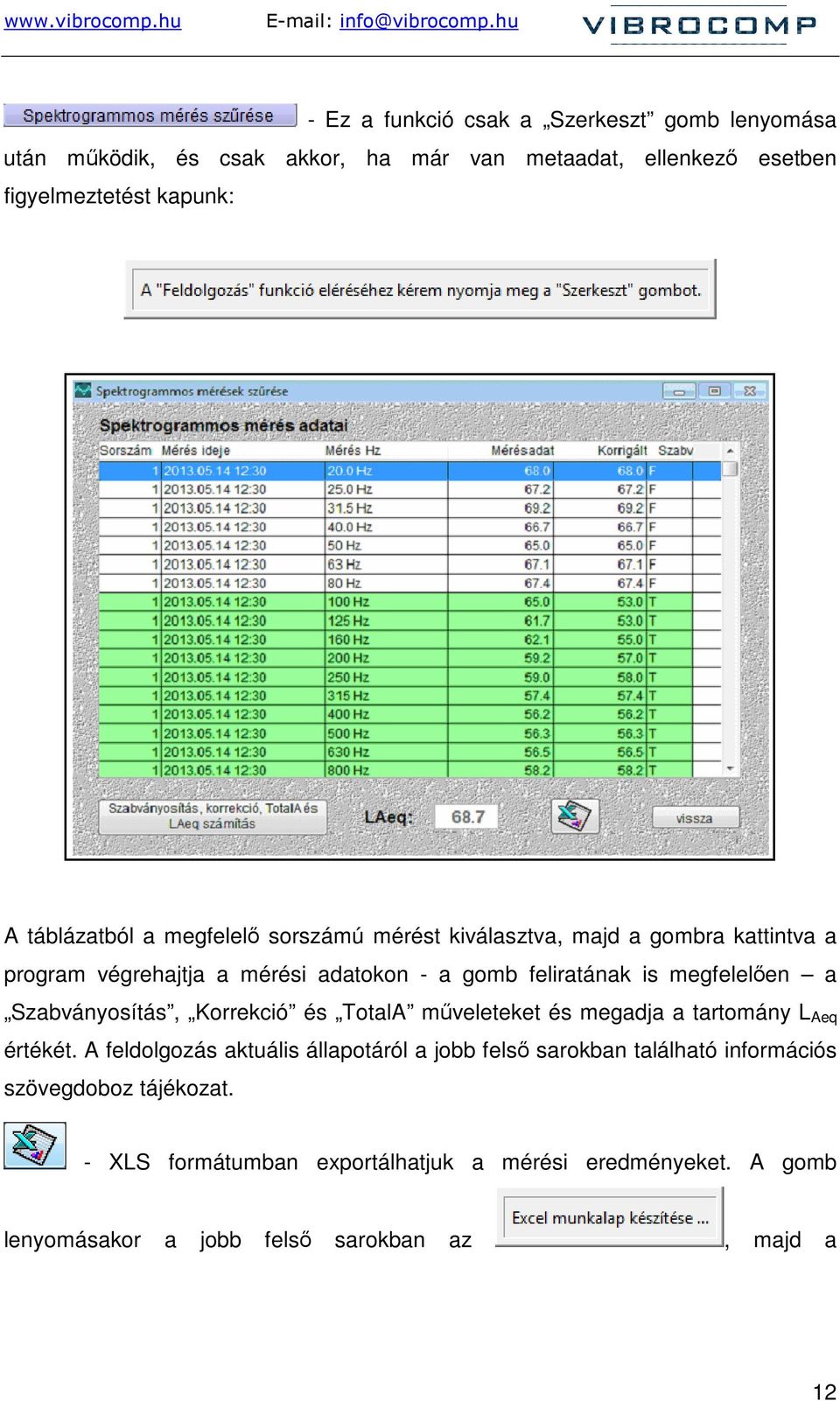 megfelelıen a Szabványosítás, Korrekció és TotalA mőveleteket és megadja a tartomány L Aeq értékét.
