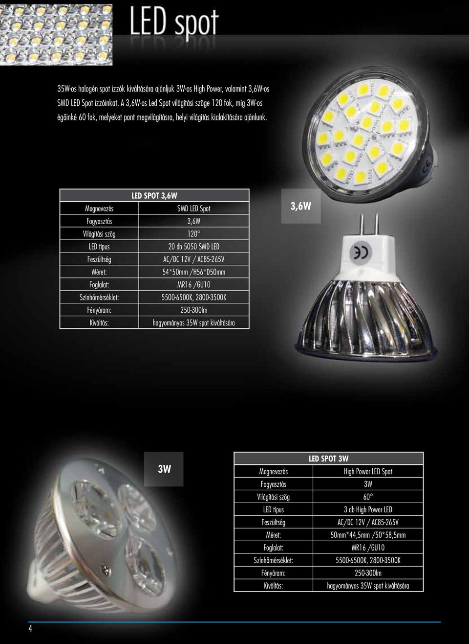 LED SPOT 3,6W Megnevezés SMD LED Spot Fogyasztás 3,6W Világítási szög 120 LED típus 20 db 5050 SMD LED Feszültség AC/DC 12V / AC85-265V Méret: 54*50mm /H56*D50mm Foglalat: MR16 /GU10 Színhõmérséklet: