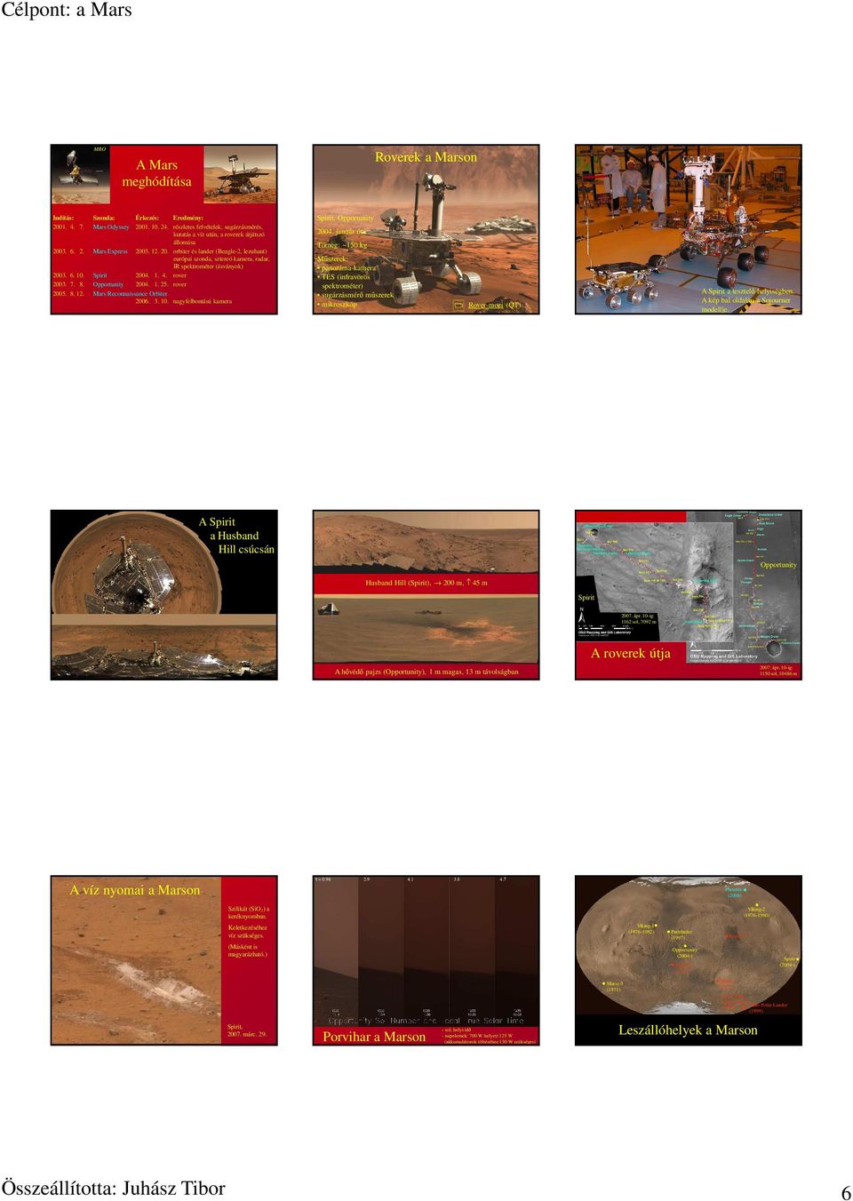 6. 10. Spirit 2004. 1. 4. rover 2003. 7. 8. Opportunity 2004. 1. 25. rover 2005. 8. 12. Mars Reconnaissance Orbiter 2006. 3. 10. nagyfelbontású kamera Spirit, Opportunity 2004.