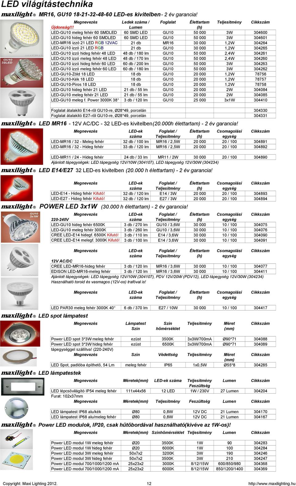 304264 LED-GU10 izzó 21 LED RGB 21 db GU10 30 000 1,2W 304265 LED-GU10 izzó hideg fehér 48 LED 48 db / 180 lm GU10 50 000 2,4W 304261 LED-GU10 izzó meleg fehér 48 LED 48 db / 170 lm GU10 50 000 2,4W