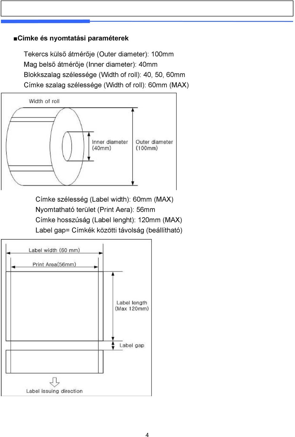 (Width of roll): 60mm (MAX) Címke szélesség (Label width): 60mm (MAX) Nyomtatható terület (Print