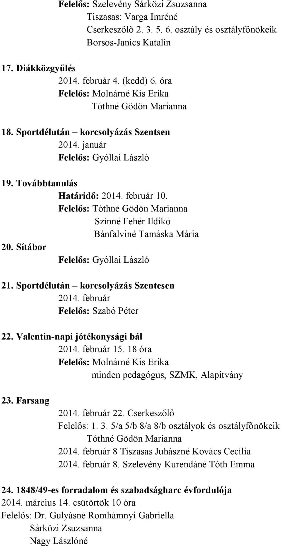 Sportdélután korcsolyázás Szentesen 2014. február Felelős: Szabó Péter 22. Valentin-napi jótékonysági bál 2014. február 15. 18 óra minden pedagógus, SZMK, Alapítvány 23. Farsang 2014. február 22.