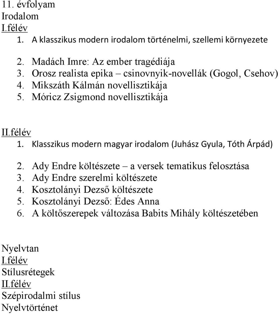 Klasszikus modern magyar irodalom (Juhász Gyula, Tóth Árpád) 2. Ady Endre költészete a versek tematikus felosztása 3. Ady Endre szerelmi költészete 4.