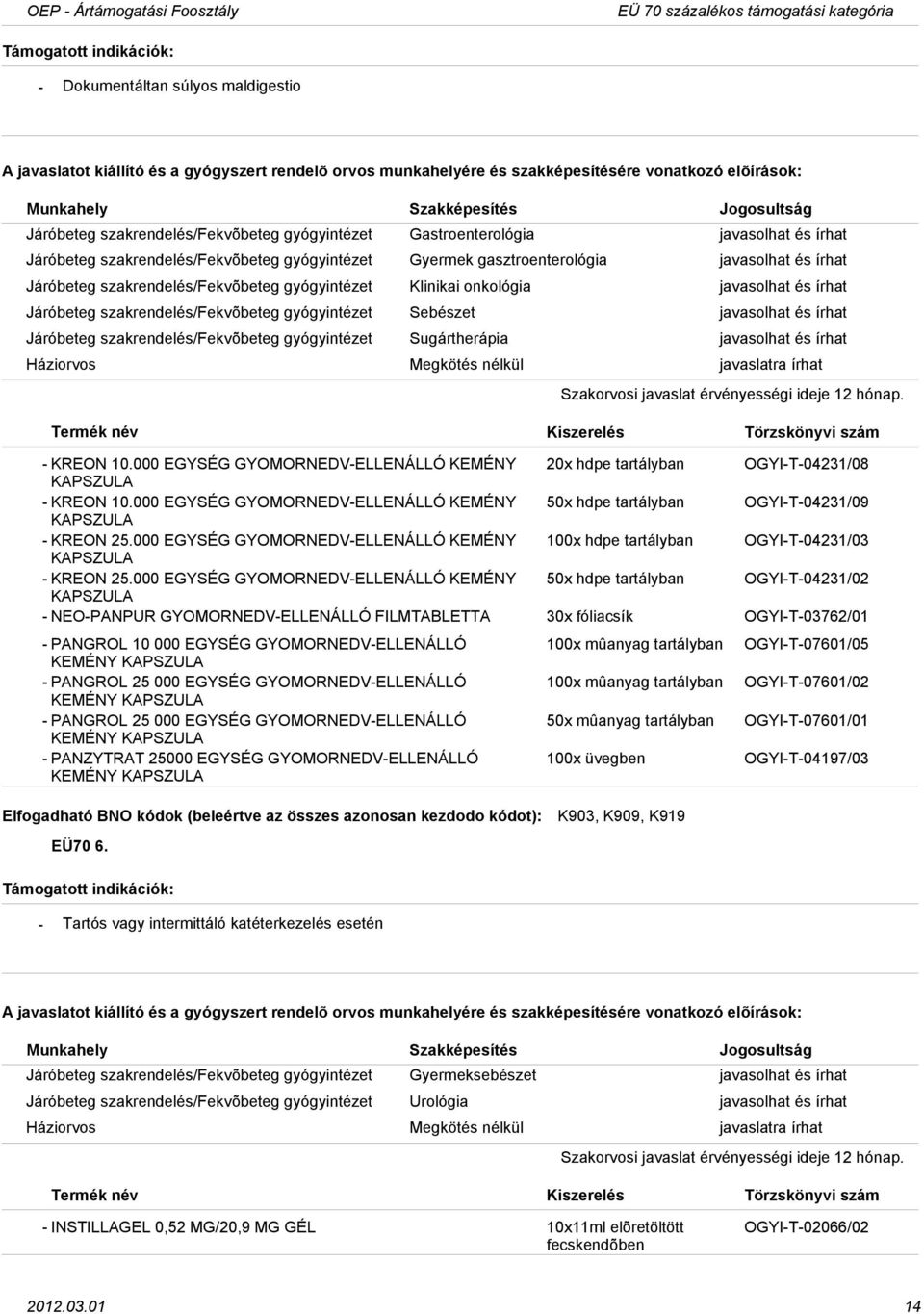 szakrendelés/fekvõbeteg gyógyintézet Sebészet javasolhat és írhat Járóbeteg szakrendelés/fekvõbeteg gyógyintézet Sugártherápia javasolhat és írhat KREON 10.