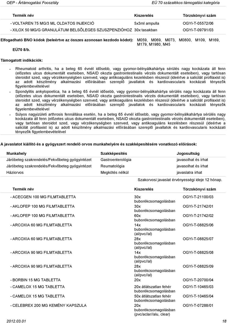 Rheumatoid arthritis, ha a beteg 65 évnél idõsebb, vagy gyomorbélnyálkahártya sérülés nagy kockázata áll fenn (elõzetes ulcus dokumentált eseteiben, NSAID okozta gastrointestinalis vérzés dokumentált