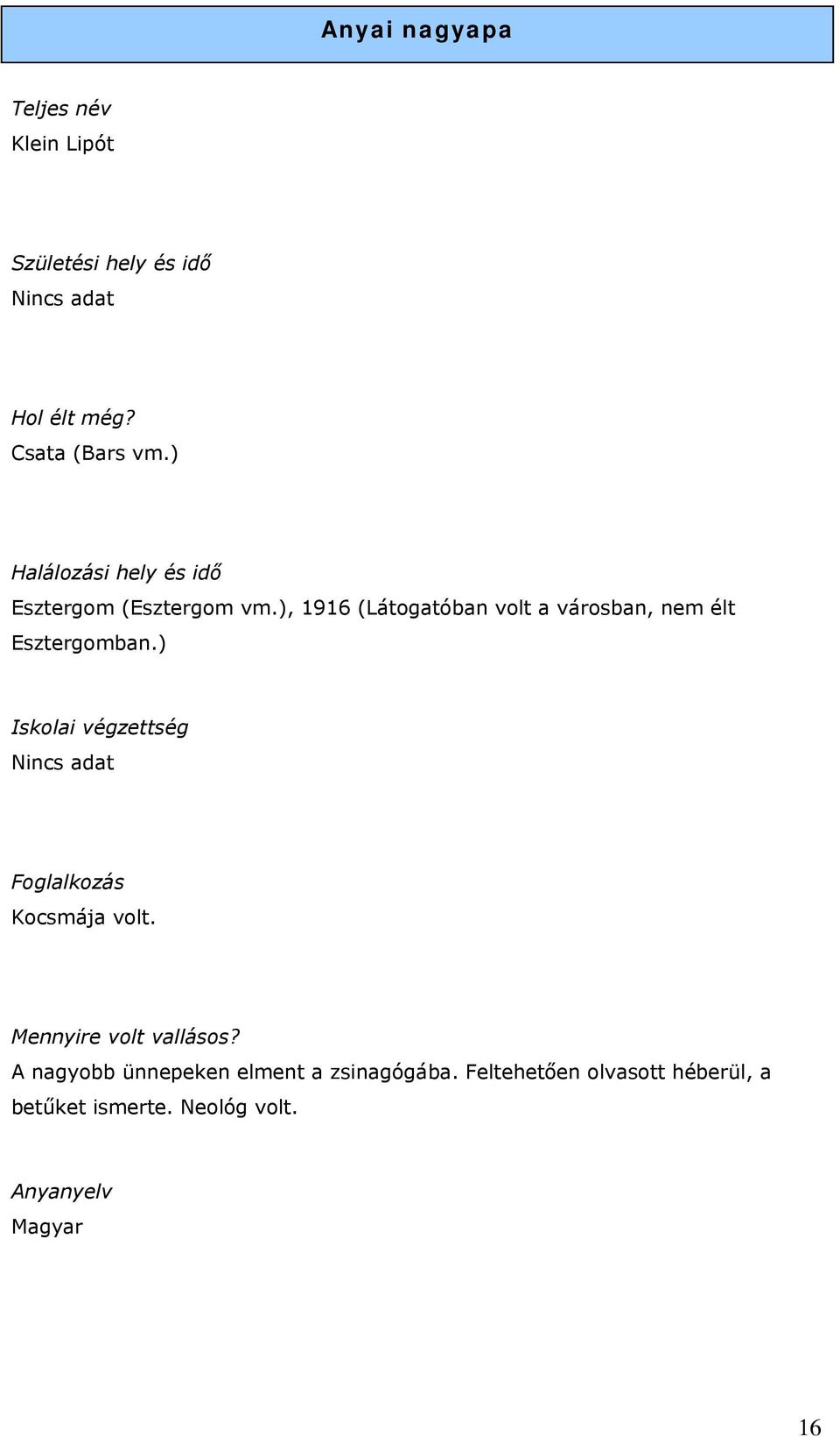 ), 1916 (Látogatóban volt a városban, nem élt Esztergomban.