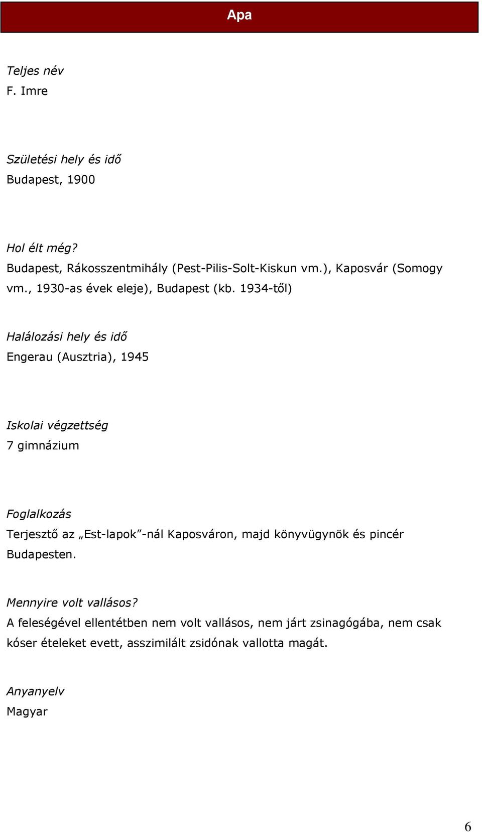 1934-től) Halálozási hely és idő Engerau (Ausztria), 1945 Iskolai végzettség 7 gimnázium Foglalkozás Terjesztő az Est-lapok -nál