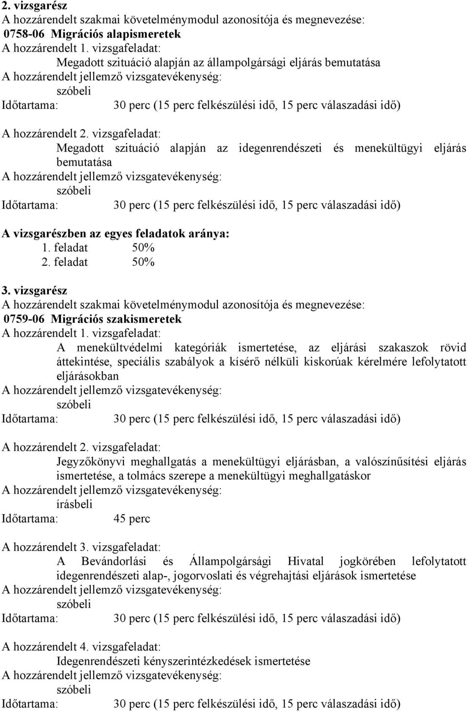 vizsgafeladat: Megadott szituáció alapján az idegenrendészeti és menekültügyi eljárás bemutatása szóbeli Időtartama: 30 perc (15 perc felkészülési idő, 15 perc válaszadási idő) A vizsgarészben az