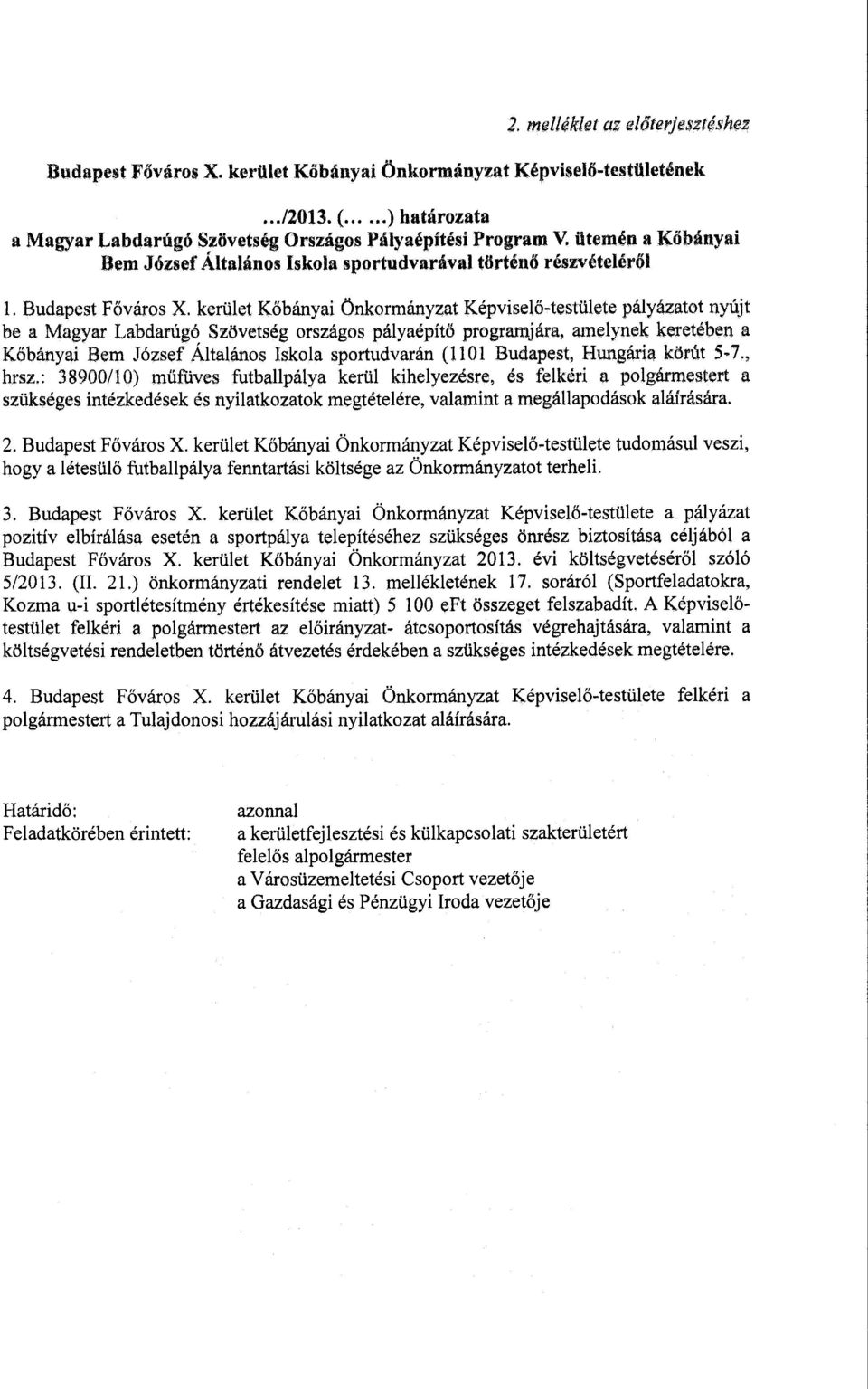 kerület Kőbányai Önkormányzat Képviselő-testülete pályázatot nyújt be a Magyar Labdarúgó Szövetség országos pályaépítő programjára, amelynek keretében a Kőbányai Bem József Általános Iskola