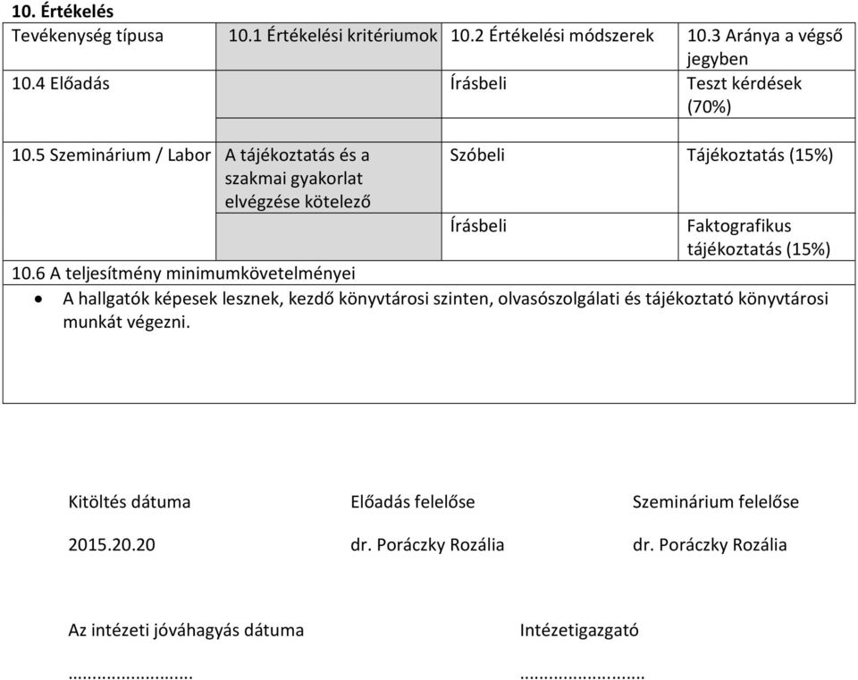 5 Szeminárium / Labor A tájékoztatás és a szakmai gyakorlat elvégzése kötelező Szóbeli Tájékoztatás (15%) Írásbeli Faktografikus tájékoztatás (15%) 10.