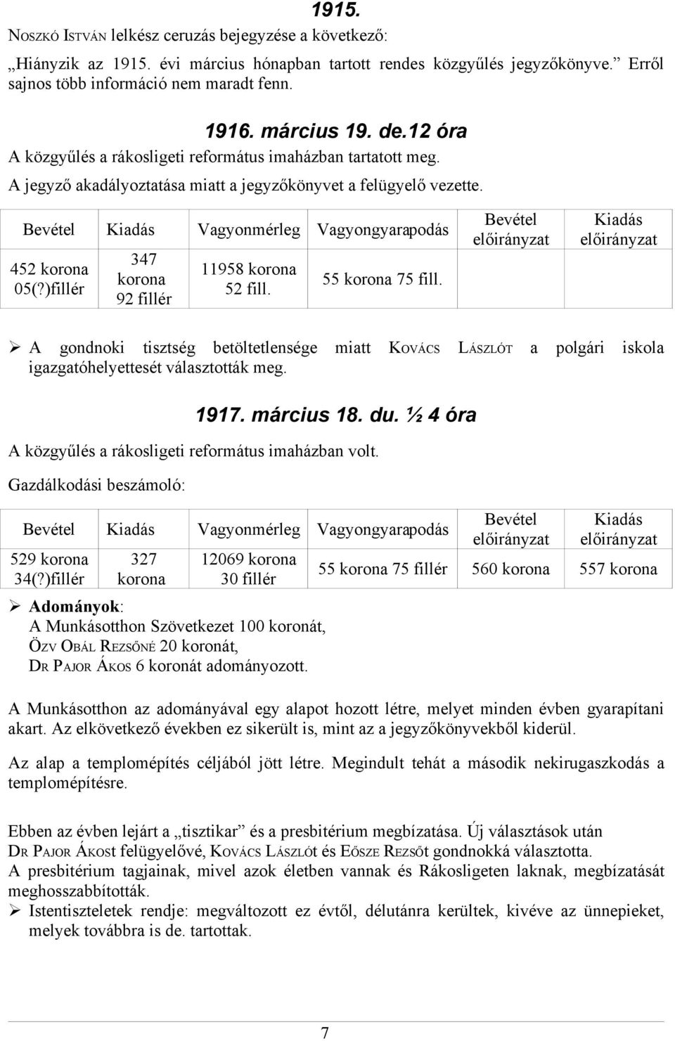 Bevétel Kiadás Vagyonmérleg Vagyongyarapodás 452 korona 05(?)fillér 347 korona 92 fillér 11958 korona 52 fill. 55 korona 75 fill.