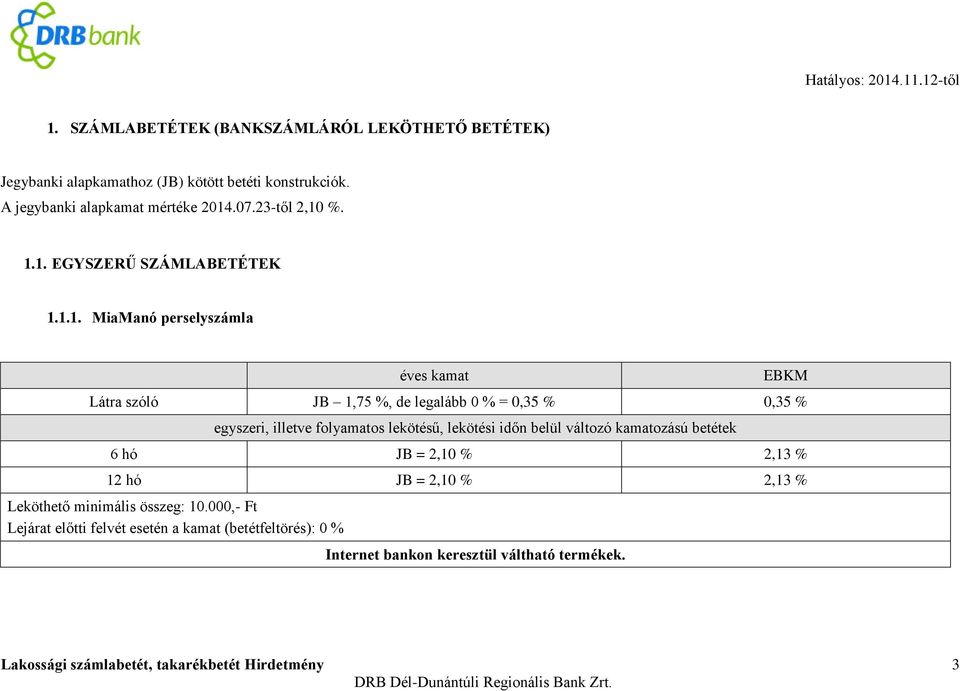 %. 1.1. EGYSZERŰ SZÁMLABETÉTEK 1.1.1. MiaManó perselyszámla Látra szóló JB 1,75 %, de legalább 0 % = 0,35 % 0,35 % egyszeri, illetve folyamatos