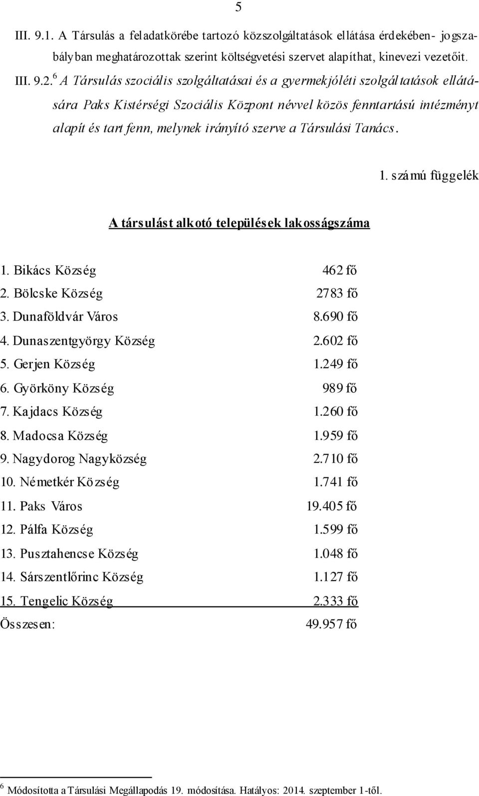 Társulási Tanács. 1. számú függelék A társulást alkotó települések lakosságszáma 1. Bikács Község 462 fő 2. Bölcske Község 2783 fő 3. Dunaföldvár Város 8.690 fő 4. Dunaszentgyörgy Község 2.602 fő 5.