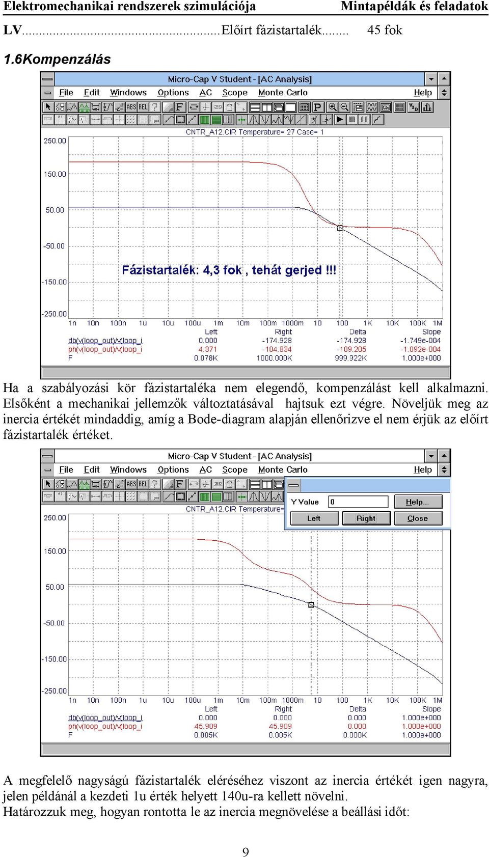 Növeljük meg az inercia értékét mindaddig, amíg a Bode-diagram alapján ellenőrizve el nem érjük az előírt fázistartalék értéket.