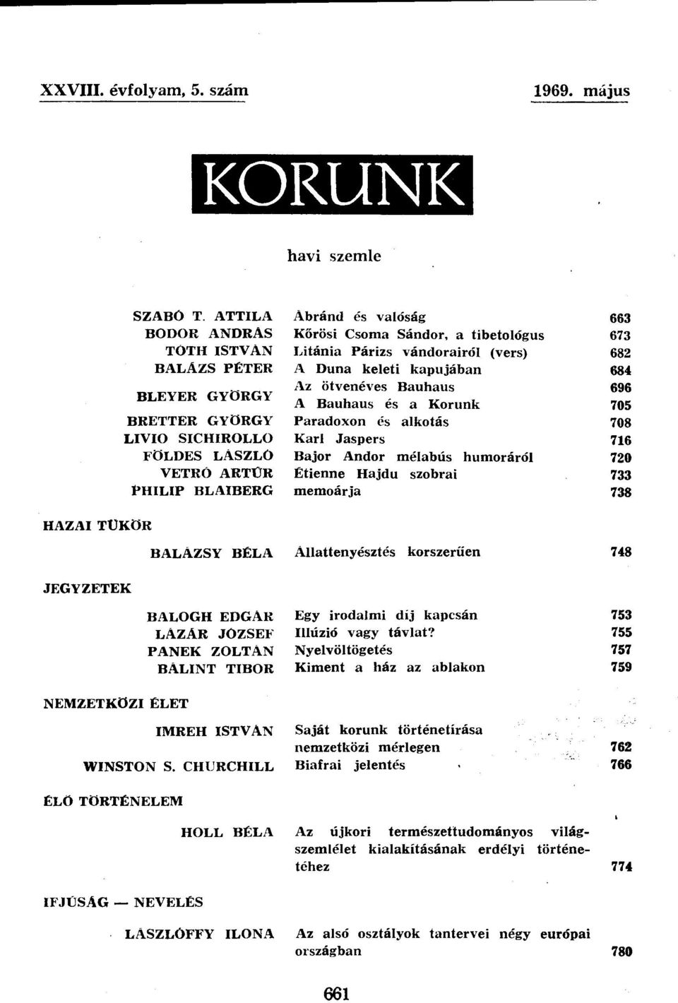Litánia Párizs vándorairól (vers) 682 A Duna keleti kapujában 684 Az ötvenéves Bauhaus 696 A Bauhaus és a Korunk 705 Paradoxon és alkotás 708 Karl Jaspers 716 Bajor Andor mélabús humoráról 720