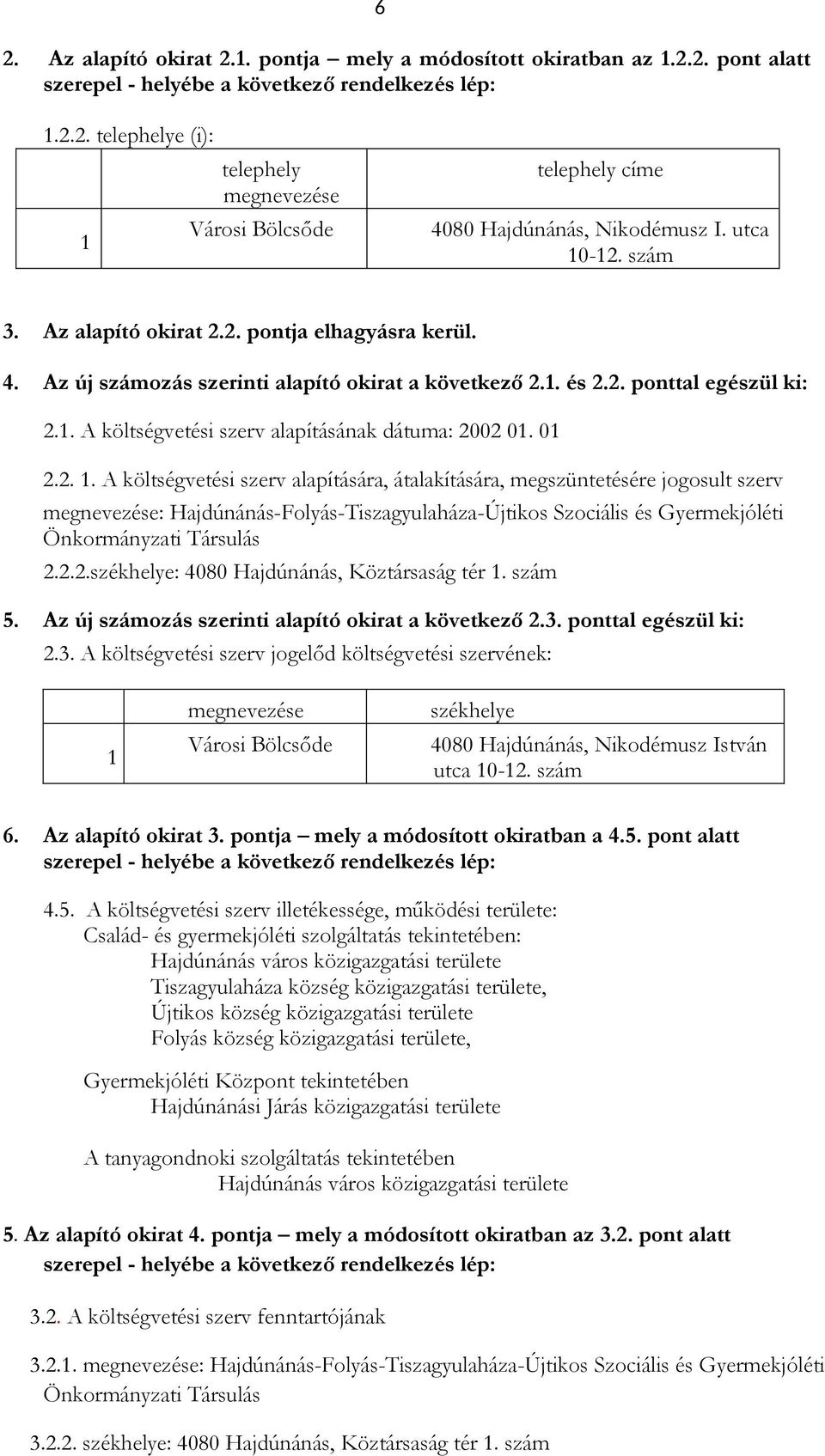 01 2.2. 1. A költségvetési szerv alapítására, átalakítására, megszüntetésére jogosult szerv megnevezése: Hajdúnánás-Folyás-Tiszagyulaháza-Újtikos Szociális és Gyermekjóléti Önkormányzati Társulás 2.2.2.székhelye: 4080 Hajdúnánás, Köztársaság tér 1.