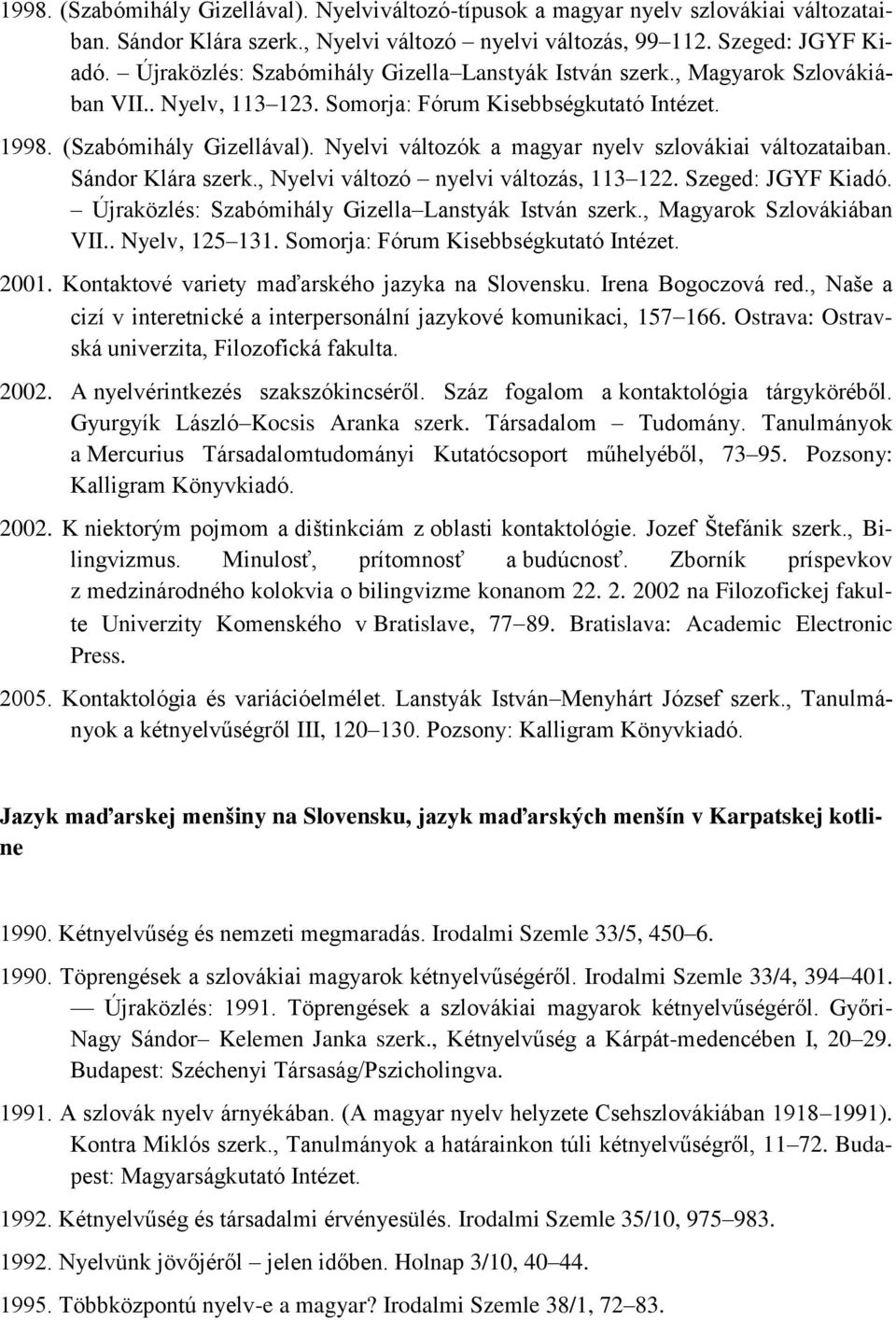Nyelvi változók a magyar nyelv szlovákiai változataiban. Sándor Klára szerk., Nyelvi változó nyelvi változás, 113 122. Szeged: JGYF Kiadó. Újraközlés: Szabómihály Gizella Lanstyák István szerk.