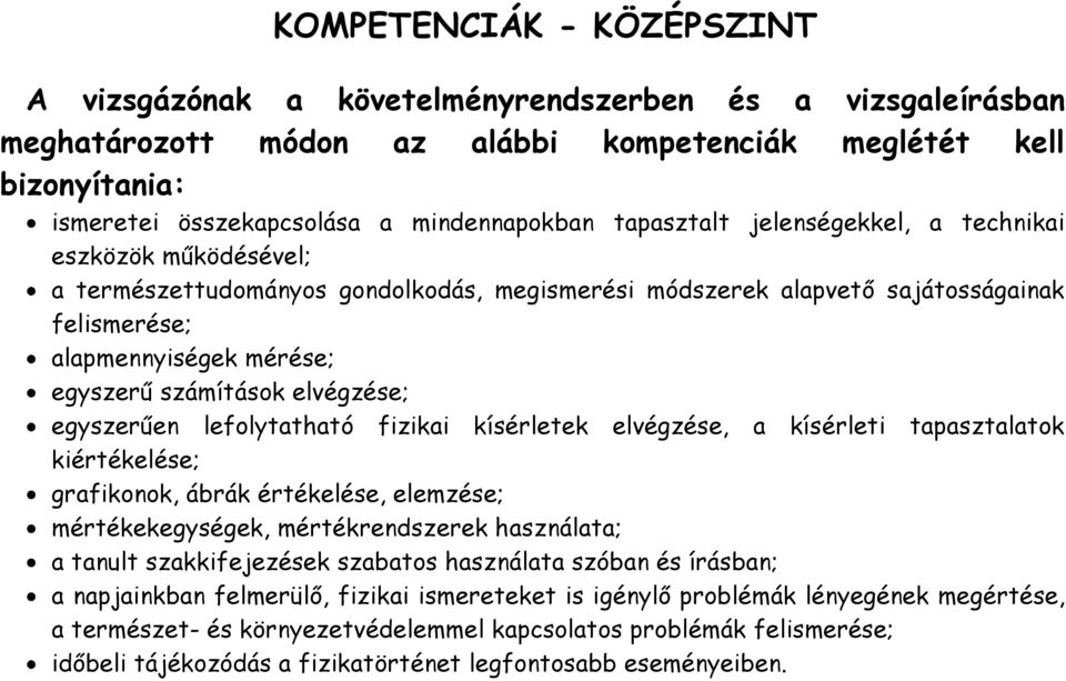 elvégzése; egyszerűen lefolytatható fizikai kísérletek elvégzése, a kísérleti tapasztalatok kiértékelése; grafikonok, ábrák értékelése, elemzése; mértékekegységek, mértékrendszerek használata; a