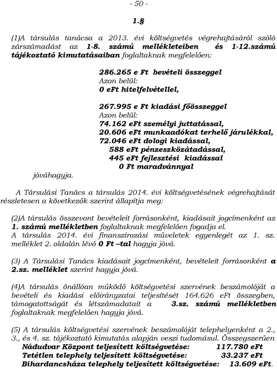 046 eft dologi kiadással, 588 eft pénzeszközátadással, 445 eft fejlesztési kiadással 0 Ft maradvánnyal A Társulási Tanács a társulás 2014.