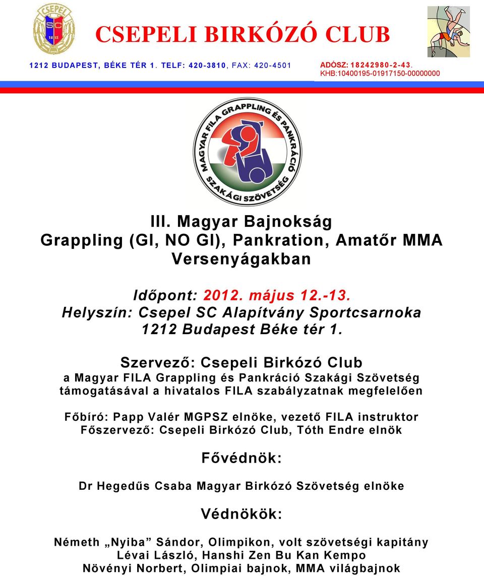 Szervező: Csepeli Birkózó Club a Magyar FILA Grappling és Pankráció Szakági Szövetség támogatásával a hivatalos FILA szabályzatnak megfelelően Főbíró: Papp Valér MGPSZ elnöke, vezető FILA