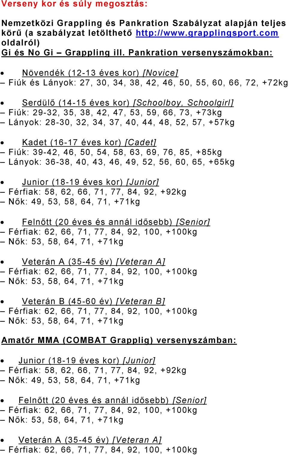 42, 47, 53, 59, 66, 73, +73kg Lányok: 28-30, 32, 34, 37, 40, 44, 48, 52, 57, +57kg Kadet (16-17 éves kor) [Cadet] Fiúk: 39-42, 46, 50, 54, 58, 63, 69, 76, 85, +85kg Lányok: 36-38, 40, 43, 46, 49, 52,