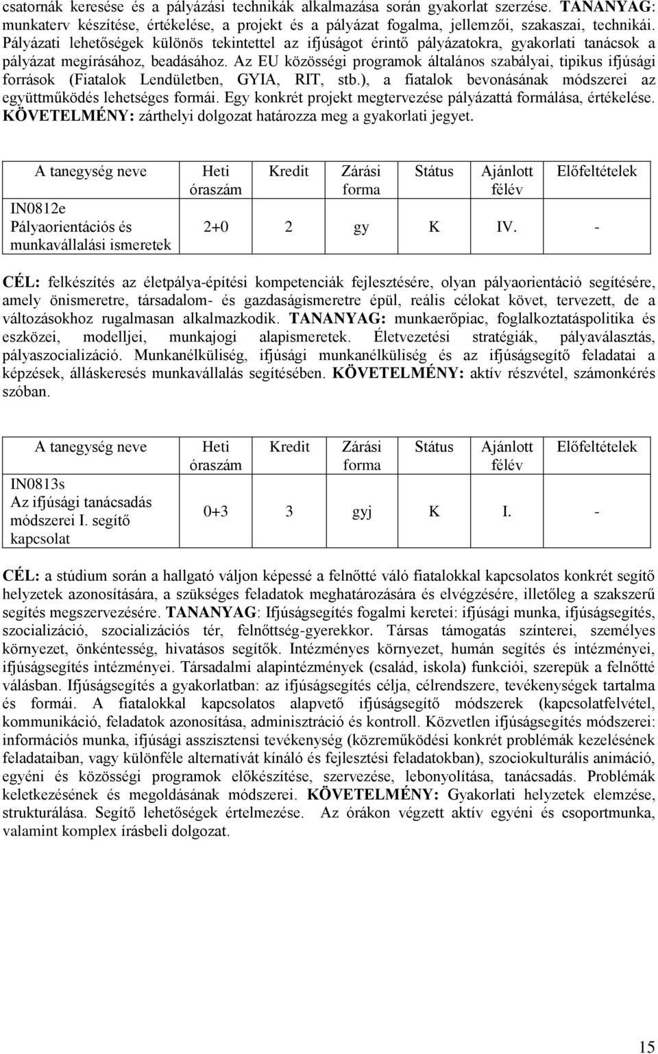 Az EU közösségi programok általános szabályai, tipikus ifjúsági források (Fiatalok Lendületben, GYIA, RIT, stb.), a fiatalok bevonásának módszerei az együttműködés lehetséges formái.