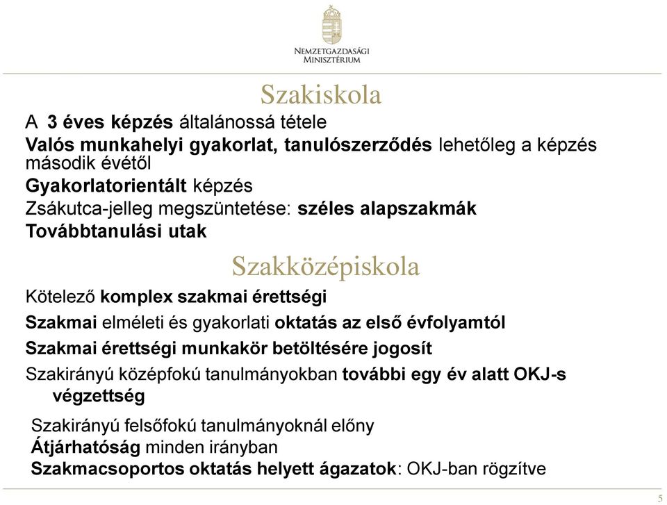 és gyakorlati oktatás az első évfolyamtól Szakmai érettségi munkakör betöltésére jogosít Szakirányú középfokú tanulmányokban további egy év alatt