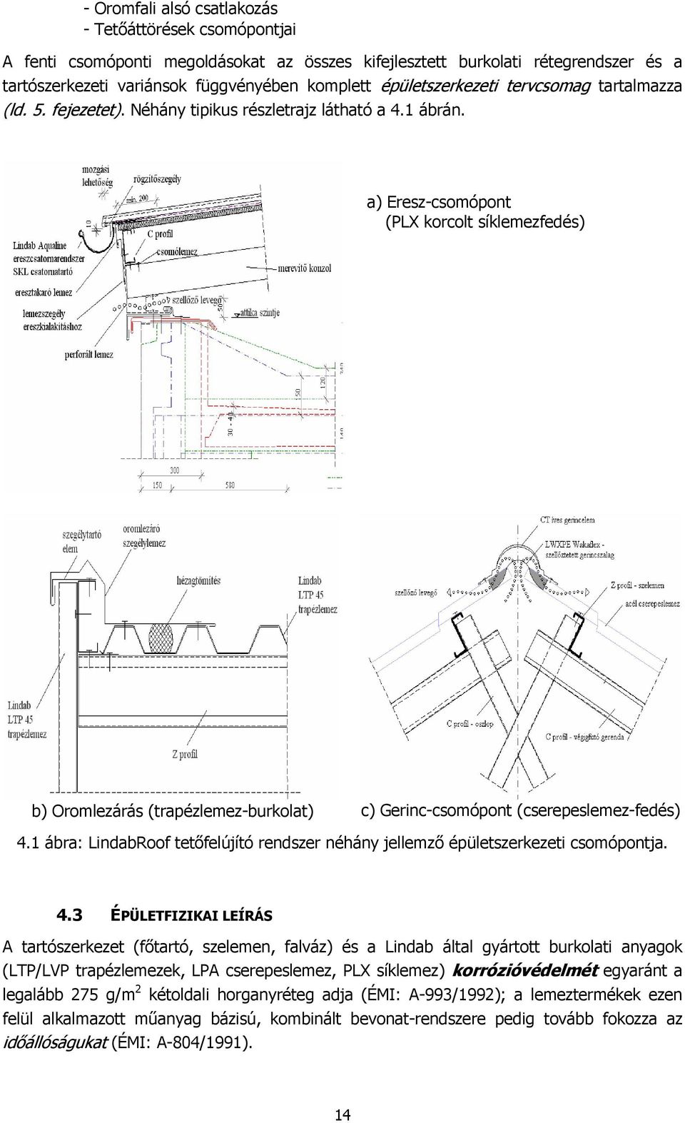 a) Eresz-csomópont (PLX korcolt síklemezfedés) b) Oromlezárás (trapézlemez-burkolat) c) Gerinc-csomópont (cserepeslemez-fedés) 4.