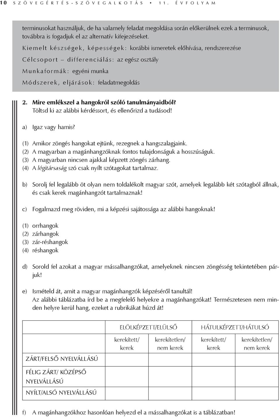 K iemelt ké s z s é g ek, ké p e s s é g ek: korábbi ismeretek előhívása, rendszerezése Célcsoport differenciálás: az egész osztály Munkaformák: egyéni munka M ó d s zerek, e ljárá s o k: