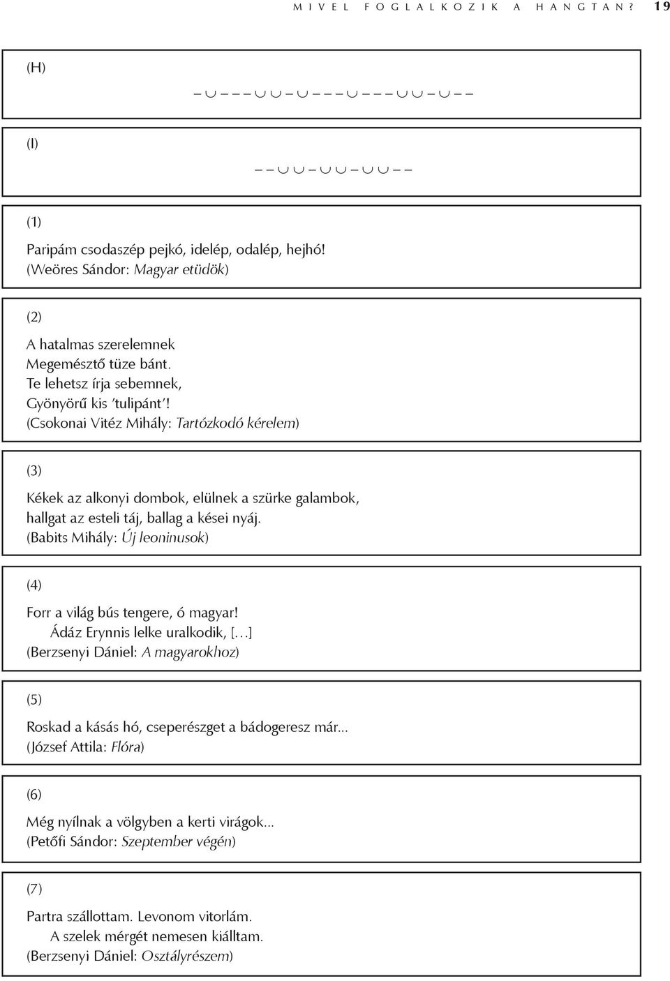 (Babits Mihály: Új leoninusok) (4) Forr a világ bús tengere, ó magyar! Ádáz Erynnis lelke uralkodik, [ ] (Berzsenyi Dániel: A magyarokhoz) (5) Roskad a kásás hó, cseperészget a bádogeresz már.