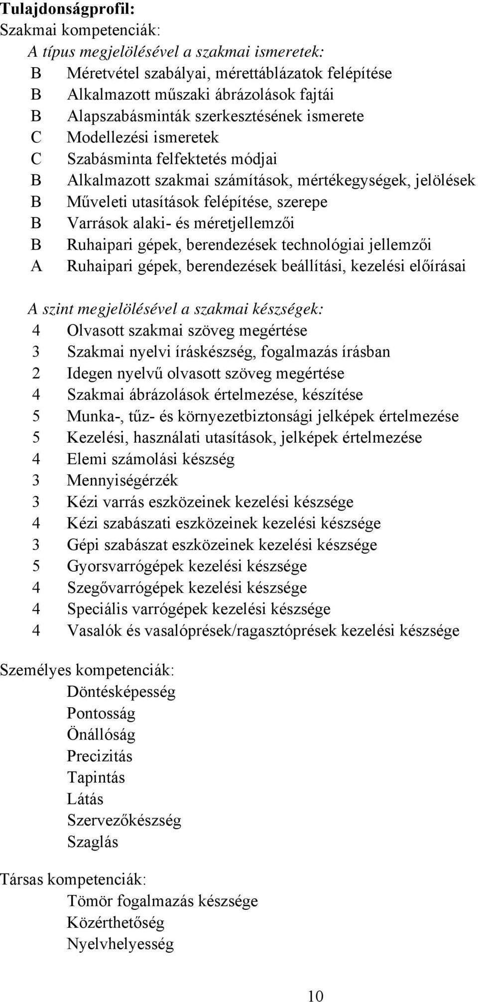 alaki és méretjellemzői B Ruhaipari gépek, berendezések technológiai jellemzői A Ruhaipari gépek, berendezések beállítási, kezelési előírásai A szint megjelölésével a szakmai készségek: 4 Olvasott