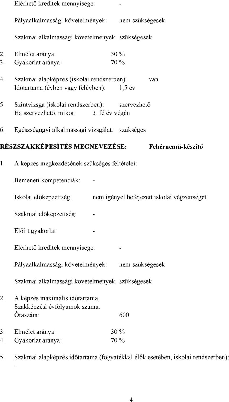 Egészségügyi alkalmassági vizsgálat: szükséges RÉSZSZAKKÉPESÍTÉS MEGNEVEZÉSE: Fehérneműkészítő 1.