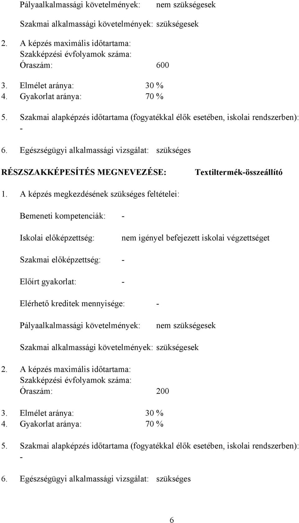 Egészségügyi alkalmassági vizsgálat: szükséges RÉSZSZAKKÉPESÍTÉS MEGNEVEZÉSE: Textiltermékösszeállító 1.