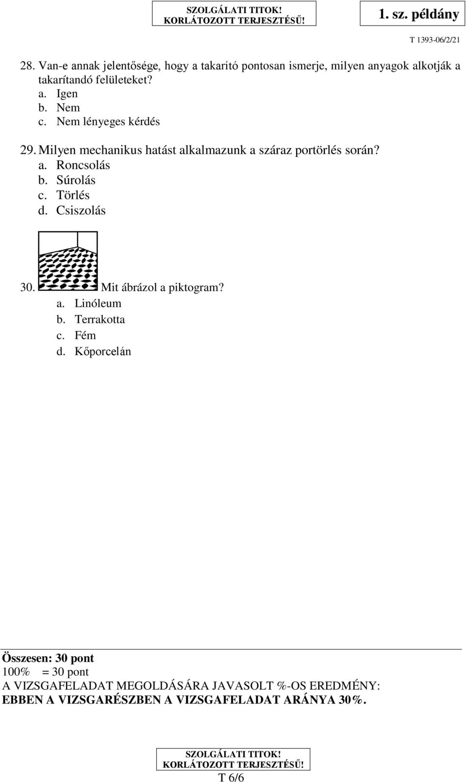 Törlés d. Csiszolás 30. Mit ábrázol a piktogram? a. Linóleum b. Terrakotta c. Fém d.