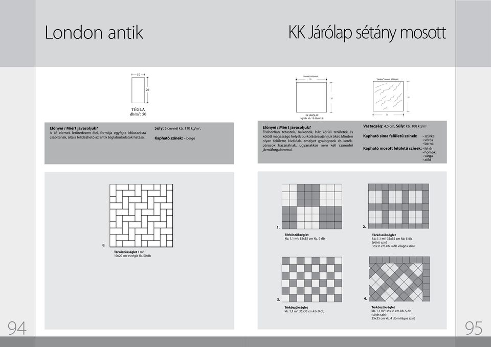 Minden olyan felületre kiválóak, amelyet gyalogosok és kerékpárosok használnak, ugyanakkor nem kell számolni járműforgalommal. Vastagság: 4,5 cm, Súly: kb.