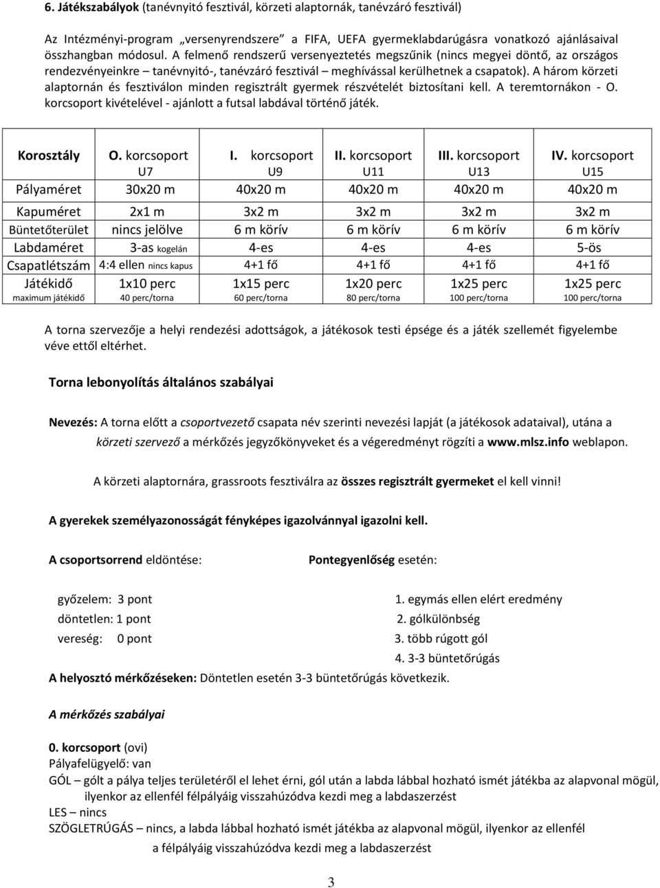 A három körzeti alaptornán és fesztiválon minden regisztrált gyermek részvételét biztosítani kell. A teremtornákon - O. korcsoport kivételével - ajánlott a futsal labdával történő játék. Korosztály O.