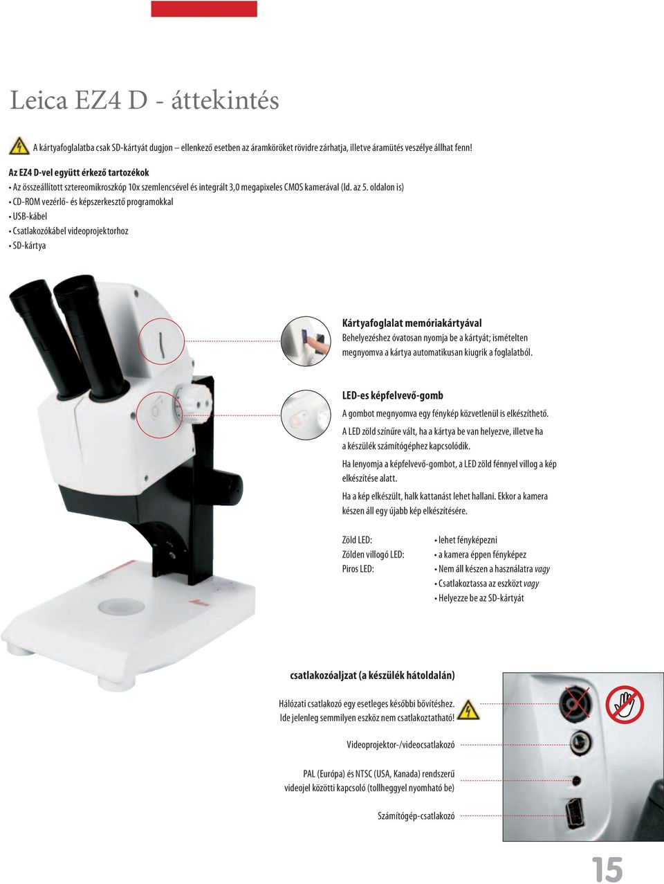 oldalon is) CD-ROM vezérlő- és képszerkesztő programokkal USB-kábel Csatlakozókábel videoprojektorhoz SD-kártya Kártyafoglalat memóriakártyával Behelyezéshez óvatosan nyomja be a kártyát; ismételten