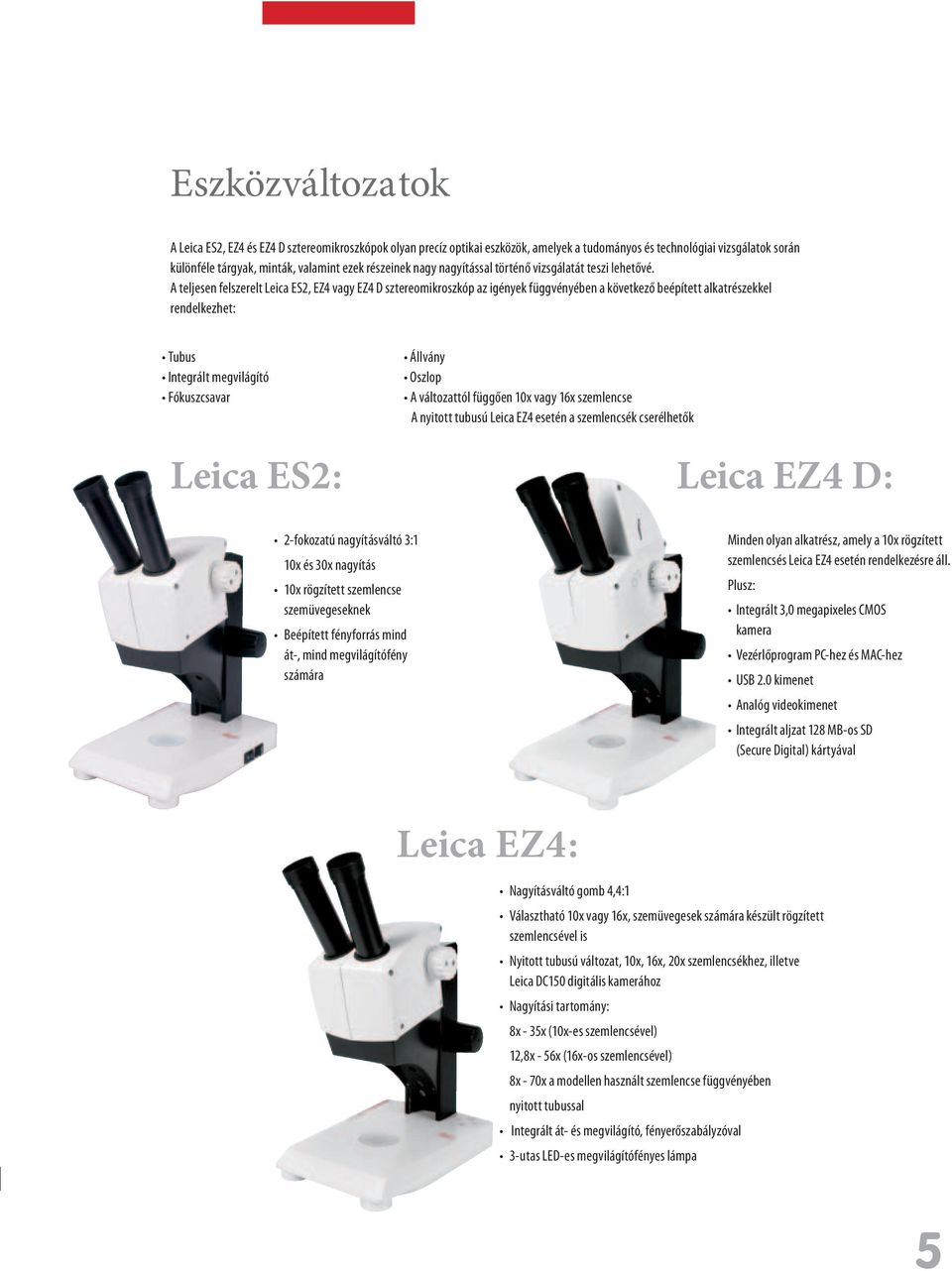 A teljesen felszerelt Leica ES2, EZ4 vagy EZ4 D sztereomikroszkóp az igények függvényében a következő beépített alkatrészekkel rendelkezhet: Tubus Integrált megvilágító Fókuszcsavar Leica ES2: