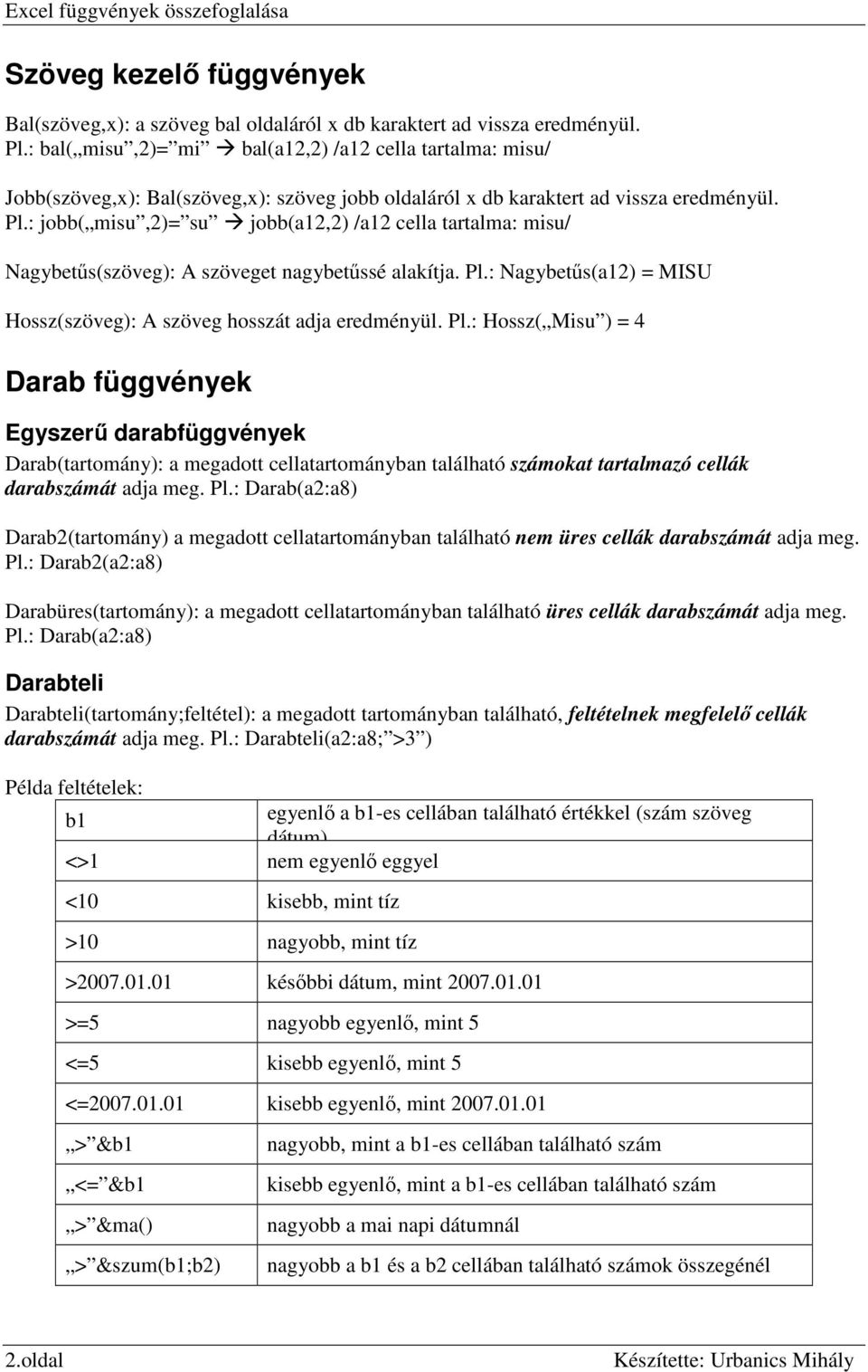 : jobb( misu,2)= su jobb(a12,2) /a12 cella tartalma: misu/ Nagybetős(szöveg): A szöveget nagybetőssé alakítja. Pl.