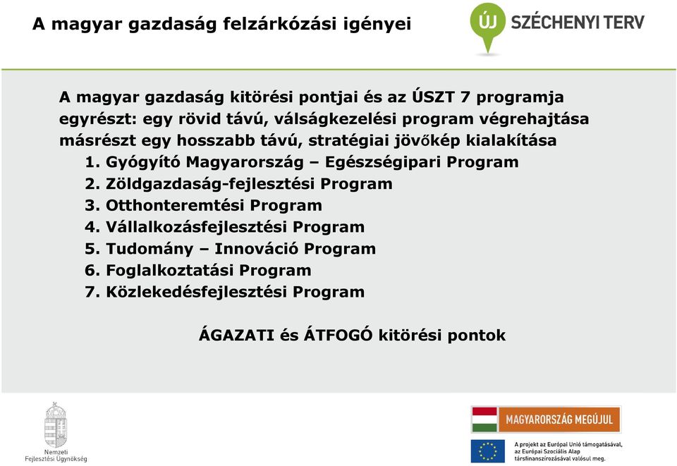 Gyógyító Magyarország Egészségipari Program 2. Zöldgazdaság-fejlesztési Program 3. Otthonteremtési Program 4.