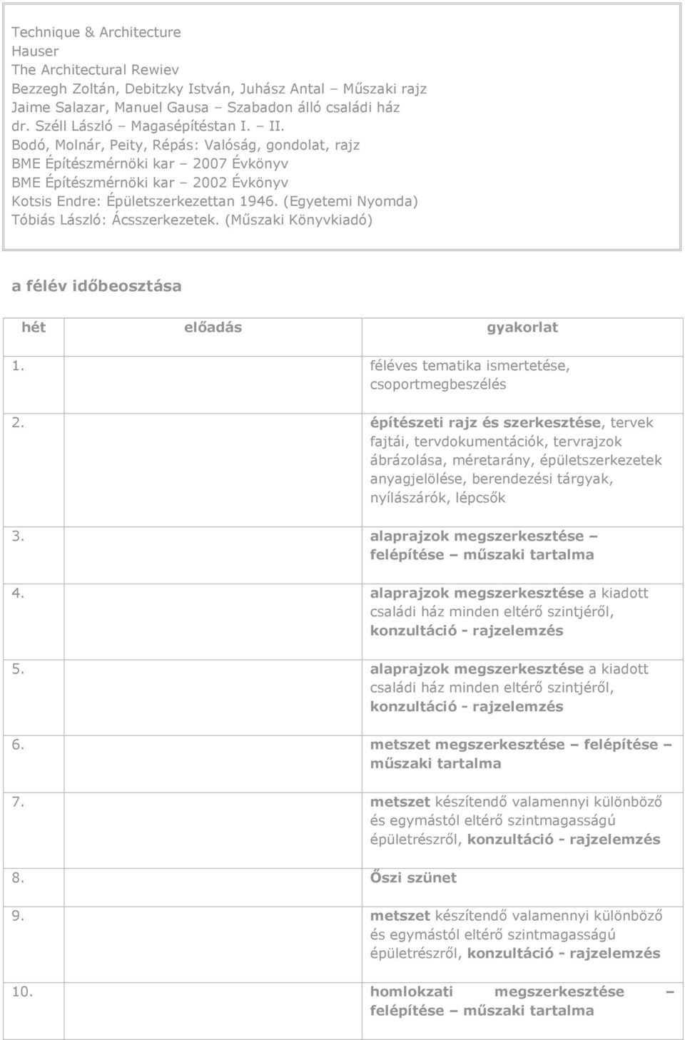 (Egyetemi Nyomda) Tóbiás László: Ácsszerkezetek. (Műszaki Könyvkiadó) a félév időbeosztása hét előadás gyakorlat 1. féléves tematika ismertetése, csoportmegbeszélés 2.