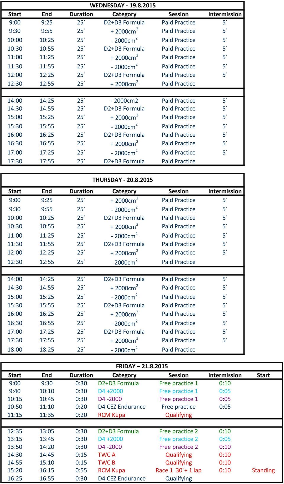 Formula Paid Practice 5 11:00 11:25 25 + 2000cm 2 Paid Practice 5 11:30 11:55 25 2000cm 2 Paid Practice 5 12:00 12:25 25 D2+D3 Formula Paid Practice 5 12:30 12:55 25 + 2000cm 2 Paid Practice 13:00