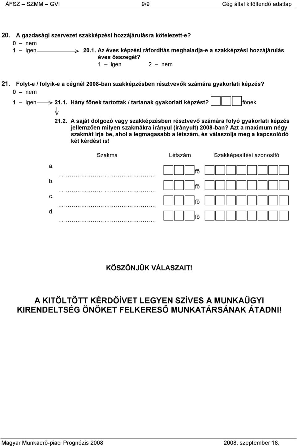 Azt a maximum négy szakmát írja be, ahol a legmagasabb a létszám, és válaszolja meg a kapcsolódó két kérdést is! Szakma Létszám Szakképesítési azonosító d. KÖSZÖNJÜK VÁLASZAIT!