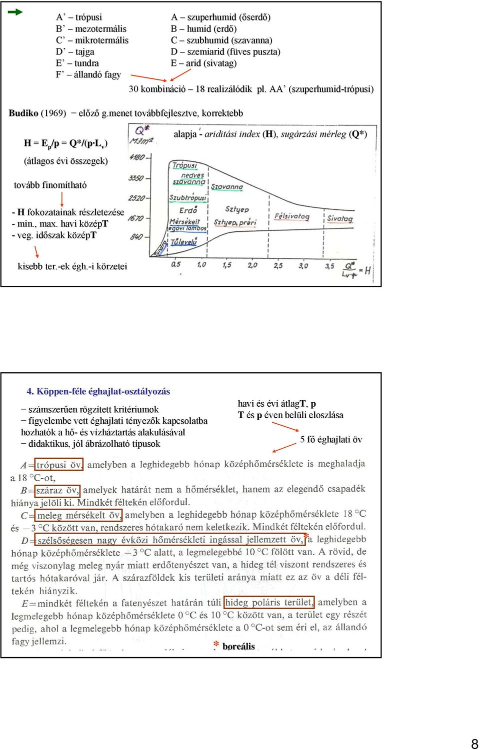 AA (szuperhumid( szuperhumid-trópusi) H = E p /p = Q*/(p L v ) (átlagos évi összegek) alapja - ariditási index (H), sugárzási mérleg (Q* Q*) tovább finomítható - H fokozatainak részletezése - min.